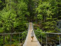 Woman on suspension bridge over Cheakamus River, Whistler, British Columbia, Canada.