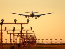 Airplane landing in Canadian airport.