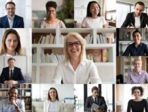 A collage of a group of business people, all smiling at the cameras